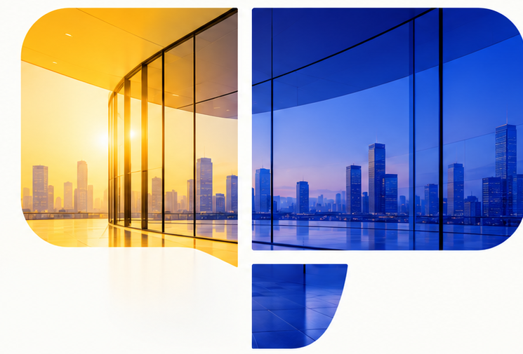 Warm gold and indigo architecture forming the Aplenix brand symbol